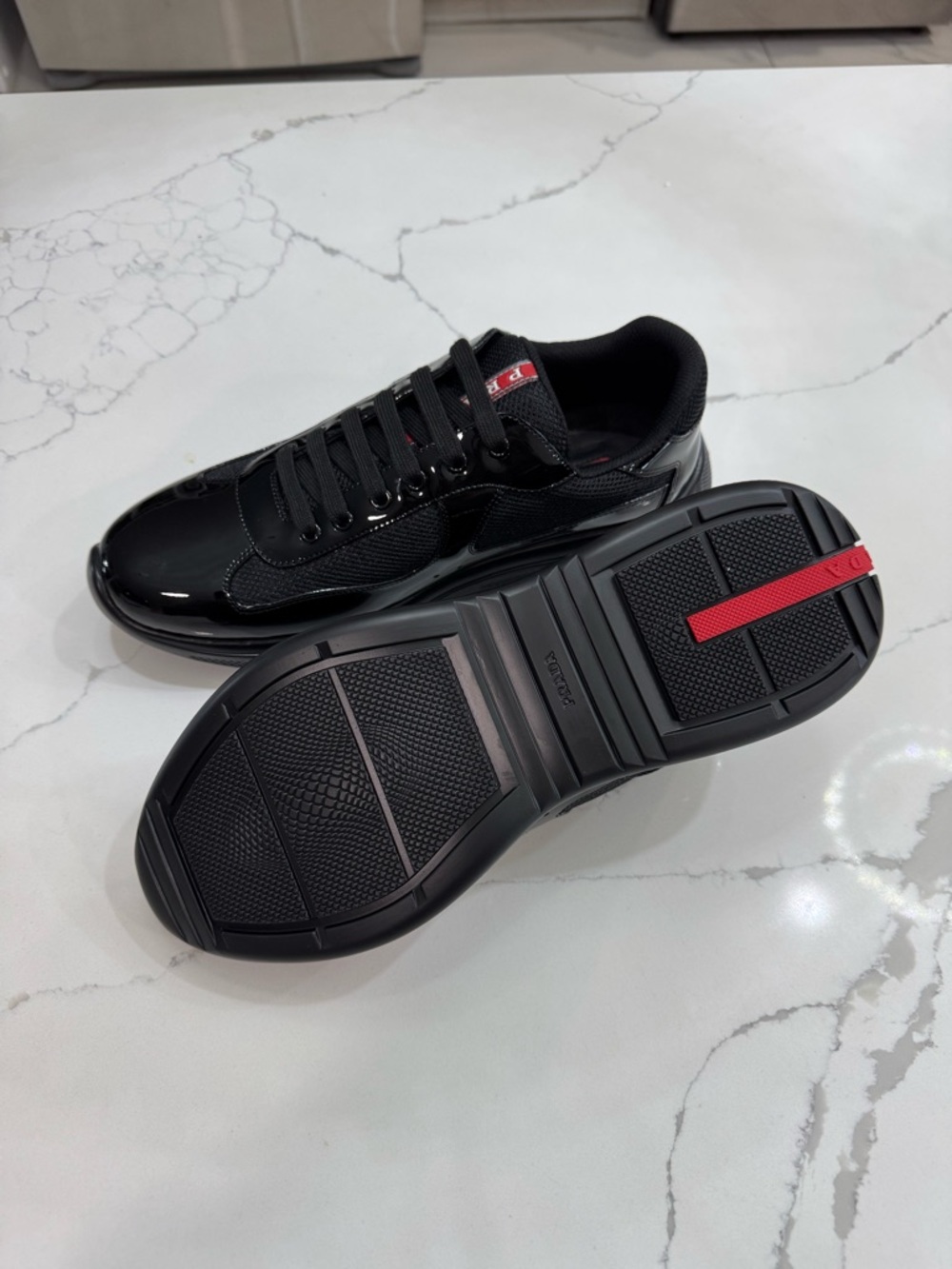 PRADA Men's Black Patent Leather Mesh
Lace Up Sneakers Casual Comfort